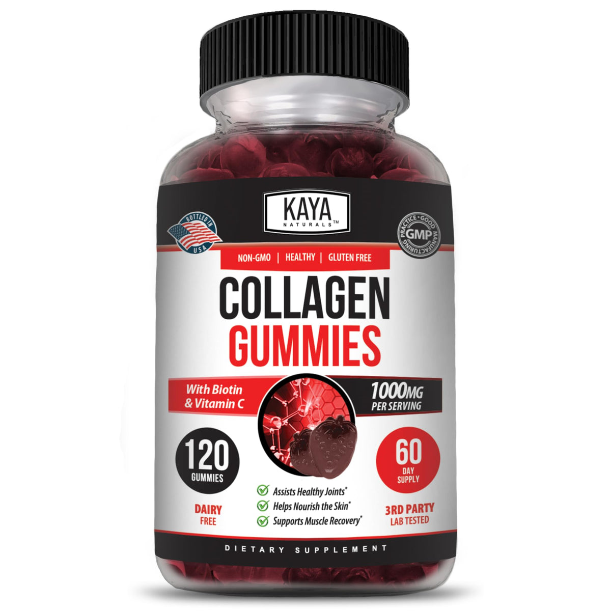 Kaya Naturals Collagen Gummy bottle front view, convenient daily beauty support with strawberry flavor.