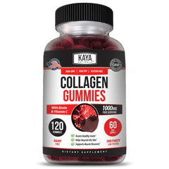 Kaya Naturals Collagen Gummy bottle front view, convenient daily beauty support with strawberry flavor.