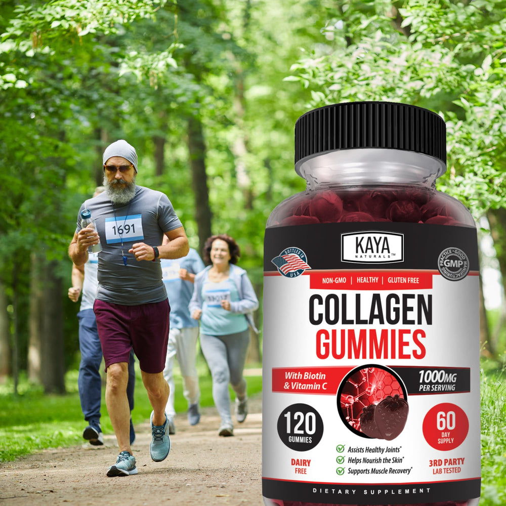 Kaya Naturals Collagen Gummy kitchen dispense, bright candies beside glass of water.