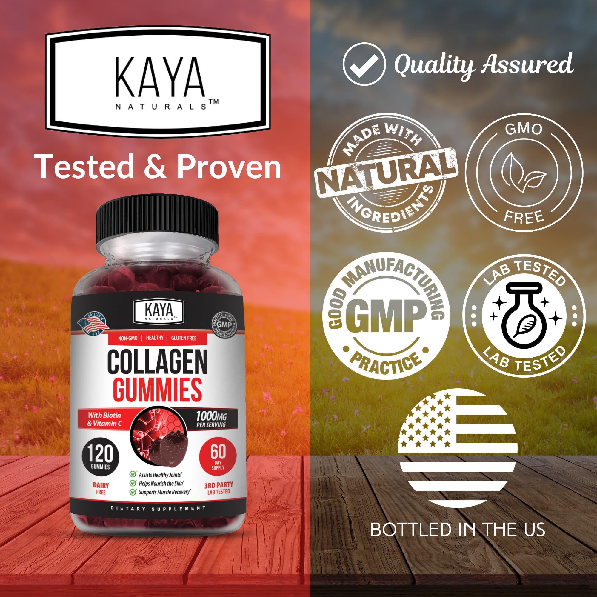 Kaya Naturals Collagen Gummy serving pour, bright pink gummies ready to go.