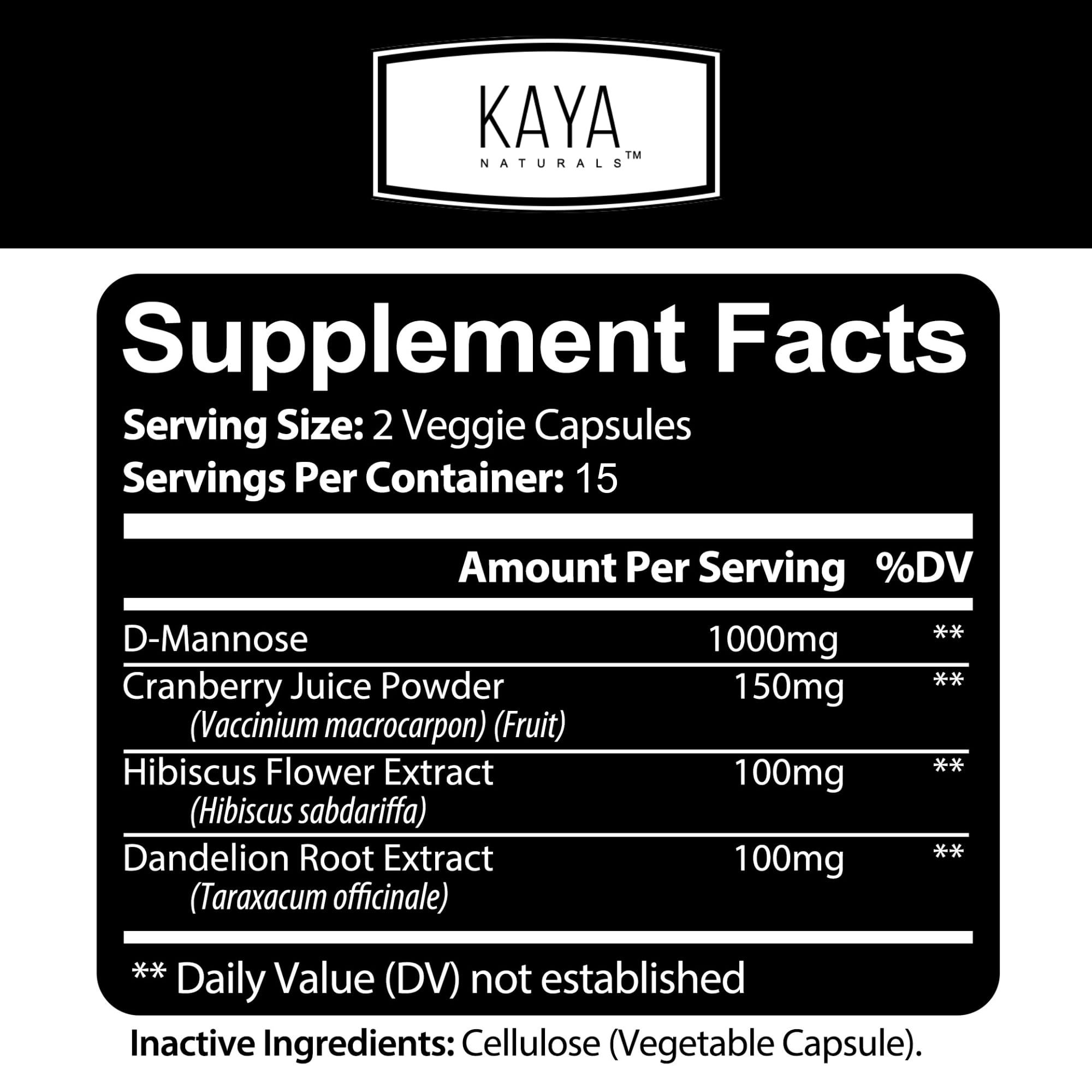 Kaya Naturals D-Mannose capsules closeup for convenient daily urinary health support.