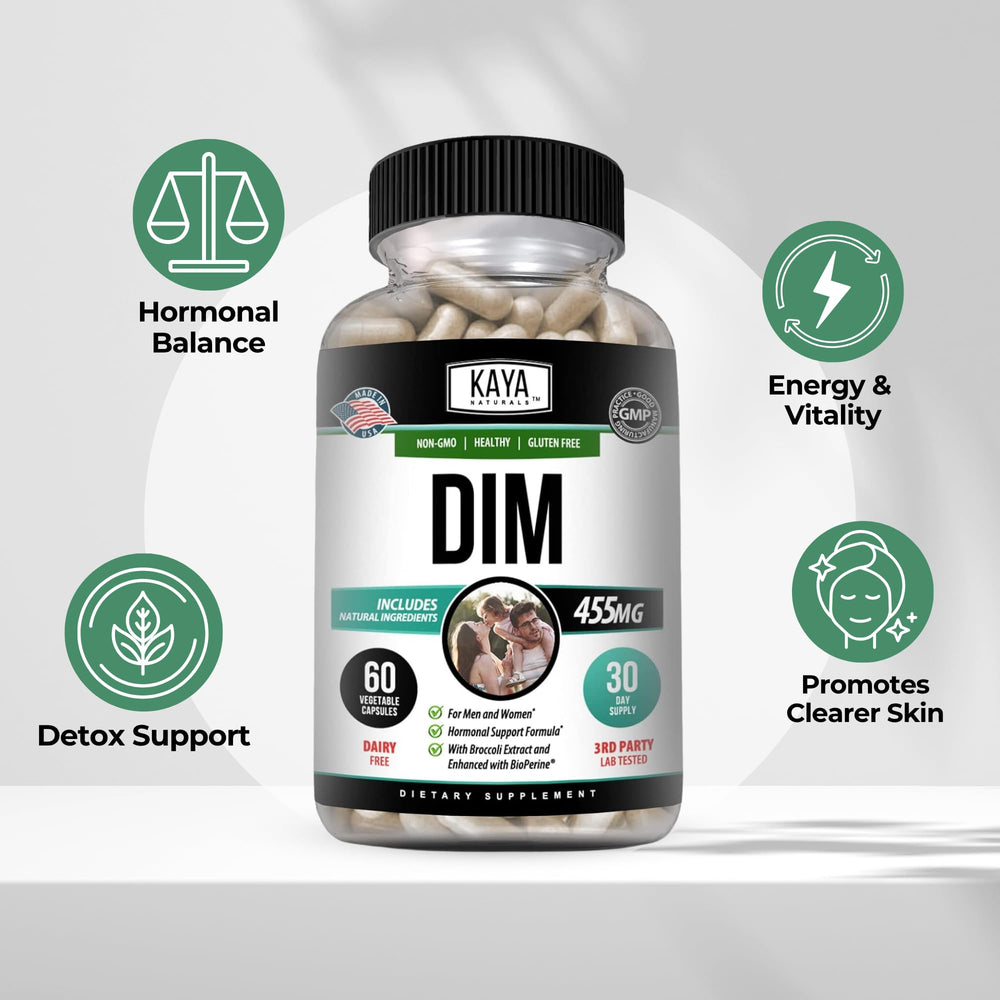 Kaya Naturals DIM Ultra with BioPerine highlights enhanced nutrient absorption from black pepper extract.