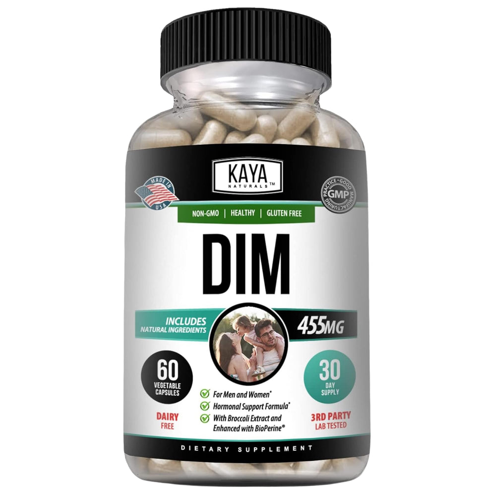 Kaya Naturals DIM Ultra bottle label highlighting hormone support formula for balanced wellness.