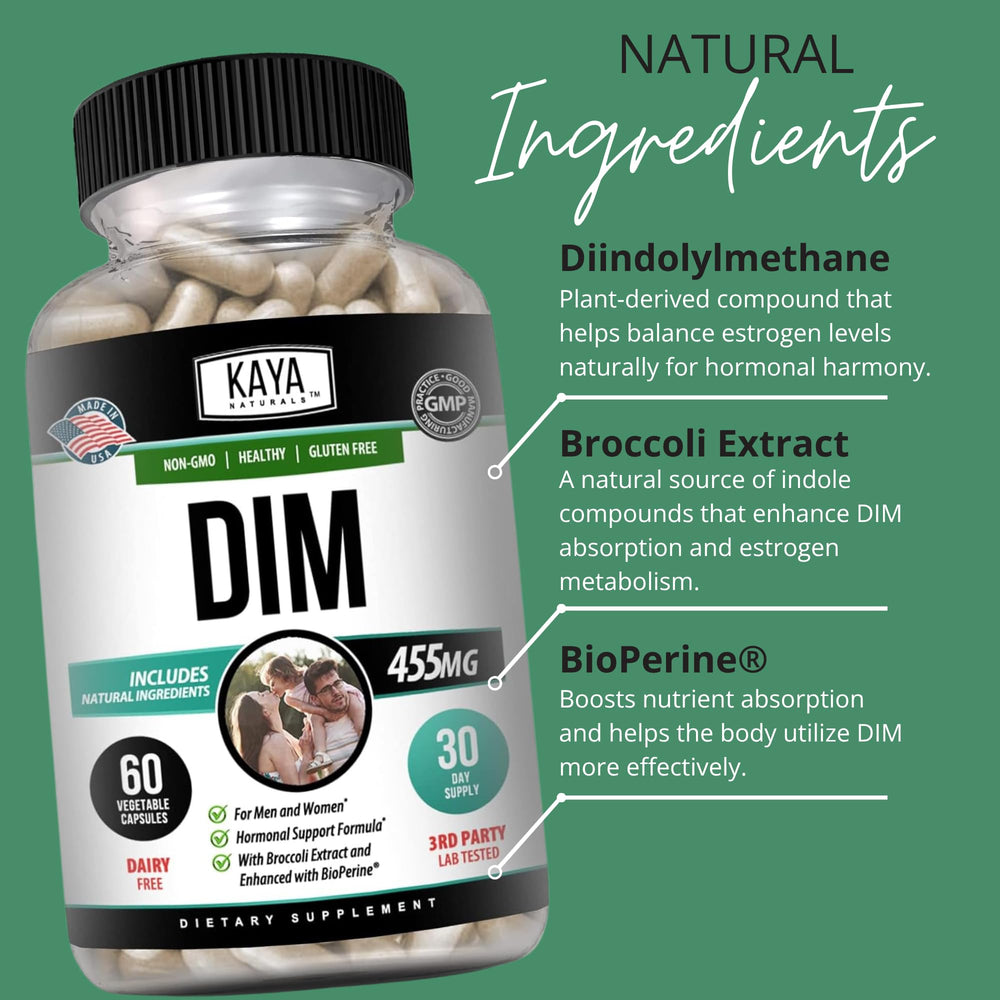 Kaya Naturals DIM Ultra dosage guidance showing one capsule twice daily before meals.