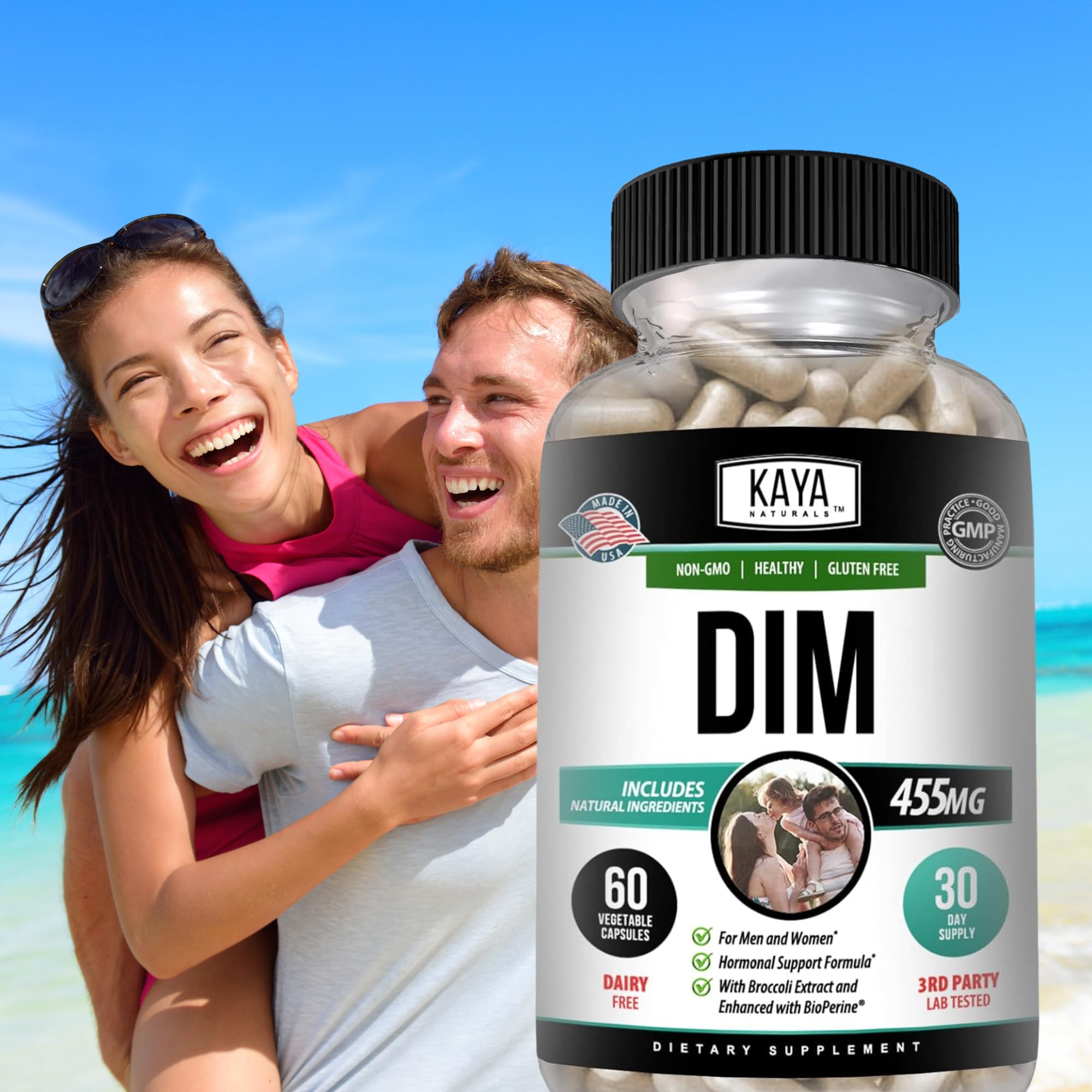 Kaya Naturals DIM Ultra product display indicating versatile use for women and men.