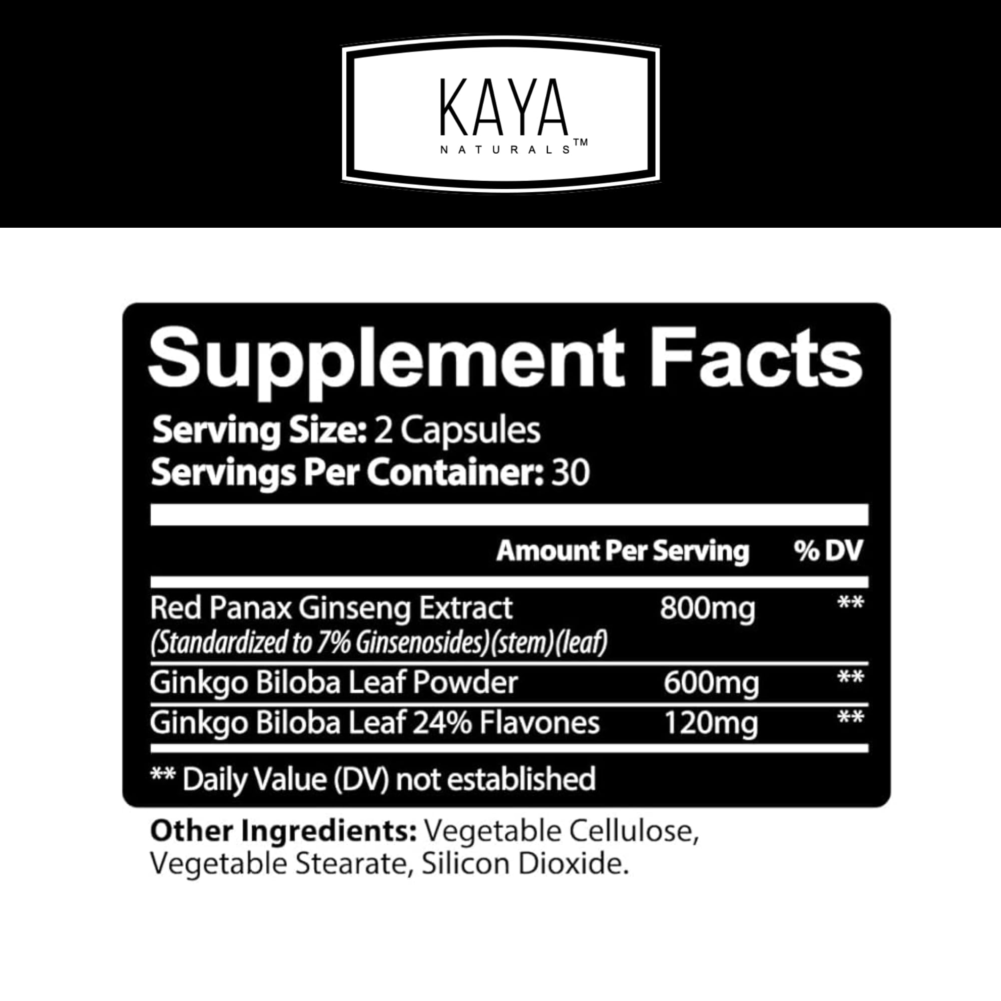 Kaya Naturals Ginkgo Biloba capsules closeup may support brain circulation for focus.