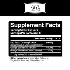 Kaya Naturals Ginkgo Biloba capsules closeup may support brain circulation for focus.