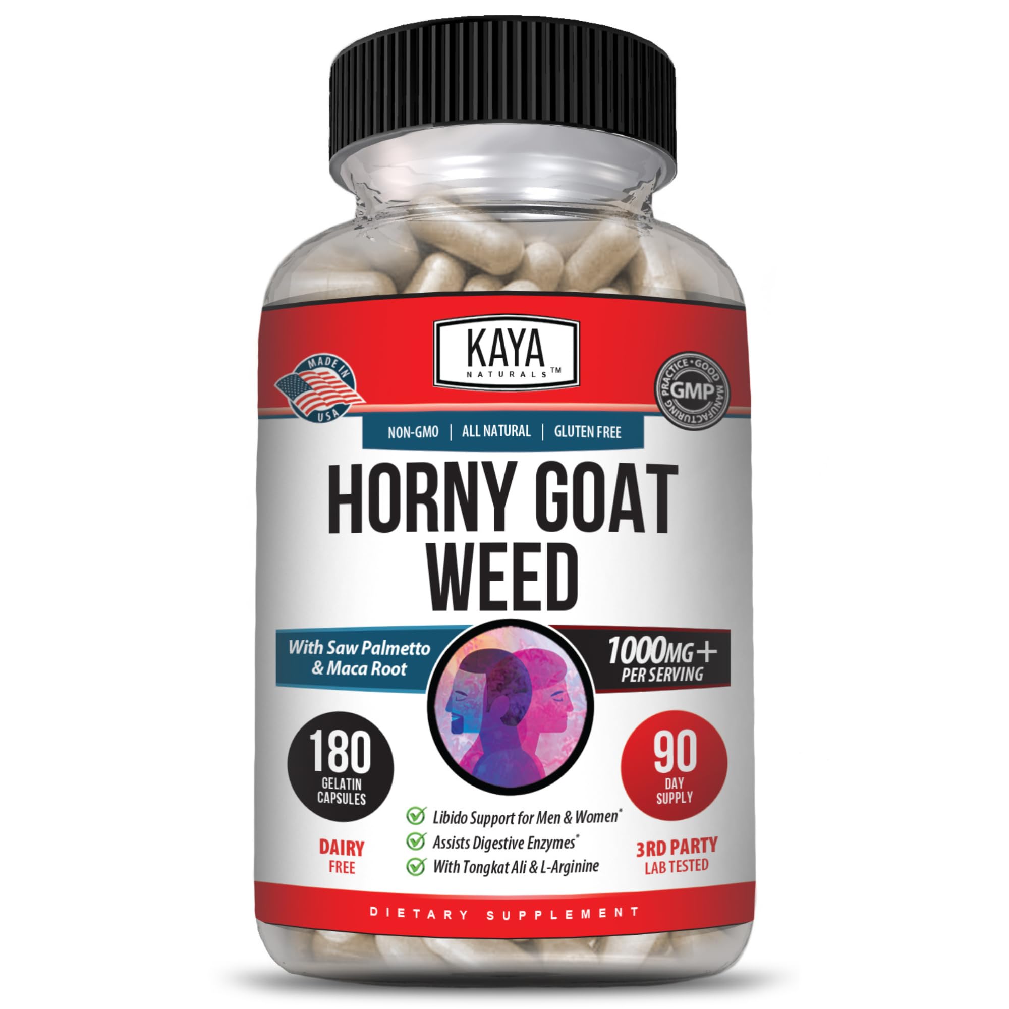 Kaya Naturals horny goat weed extract capsules on a bottle for daily vitality support.