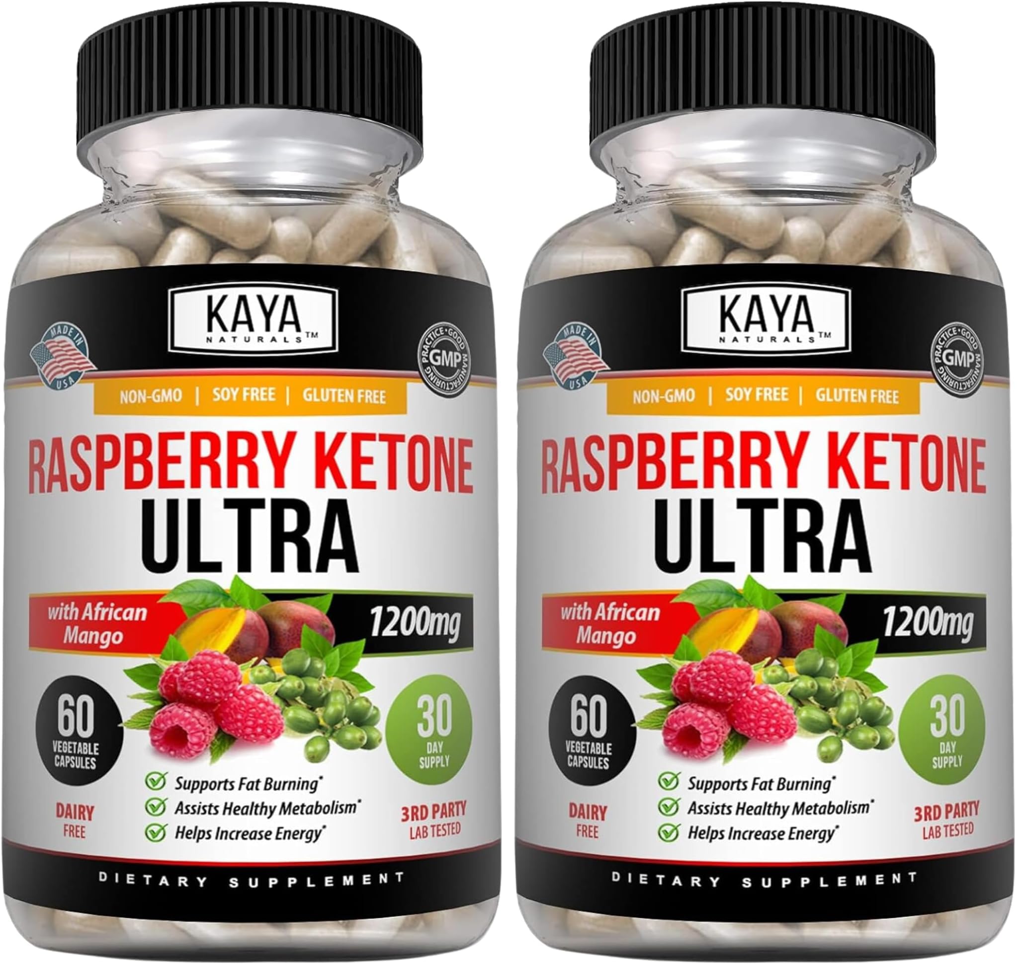 Kaya Naturals Raspberry Ketone bottle promotes energy support during daily activities.