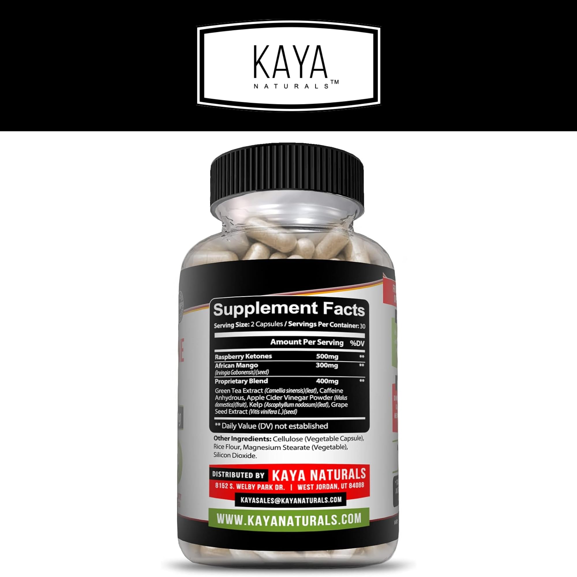 Kaya Naturals Raspberry Ketone label highlights natural ingredients for balanced wellness.