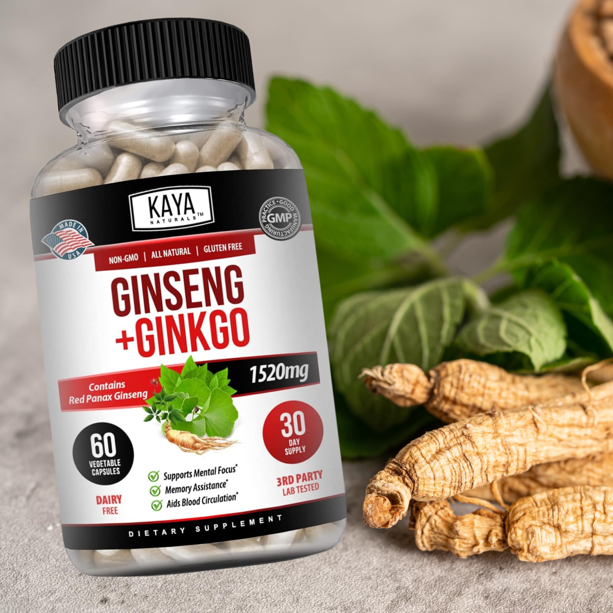 Kaya Naturals health icons on the label suggest antioxidant support potential.