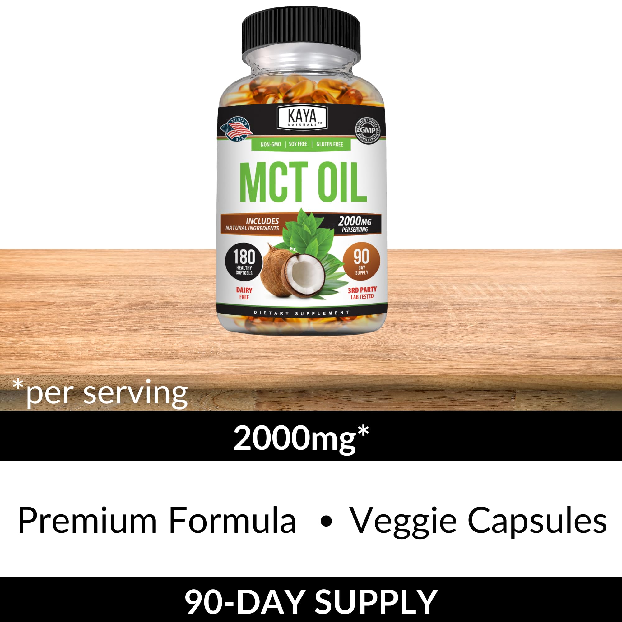 Kaya Naturals MCTOil 2000mg bottle shows skin-friendly formula for daily care
