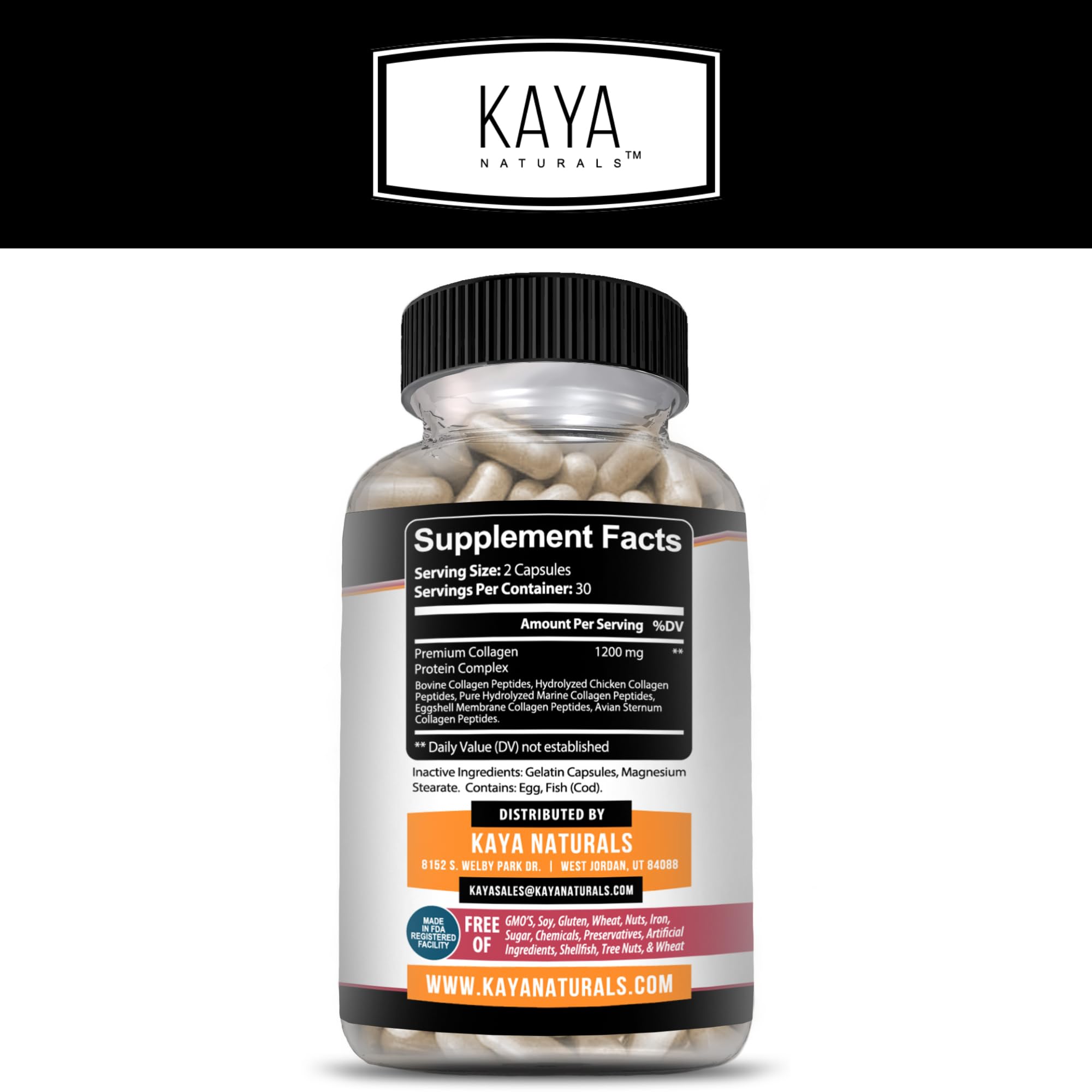 Kaya Naturals bottle side panel with ingredient highlights.