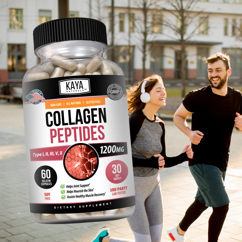 Kaya Naturals bottle graphic showing collagen types I–X.