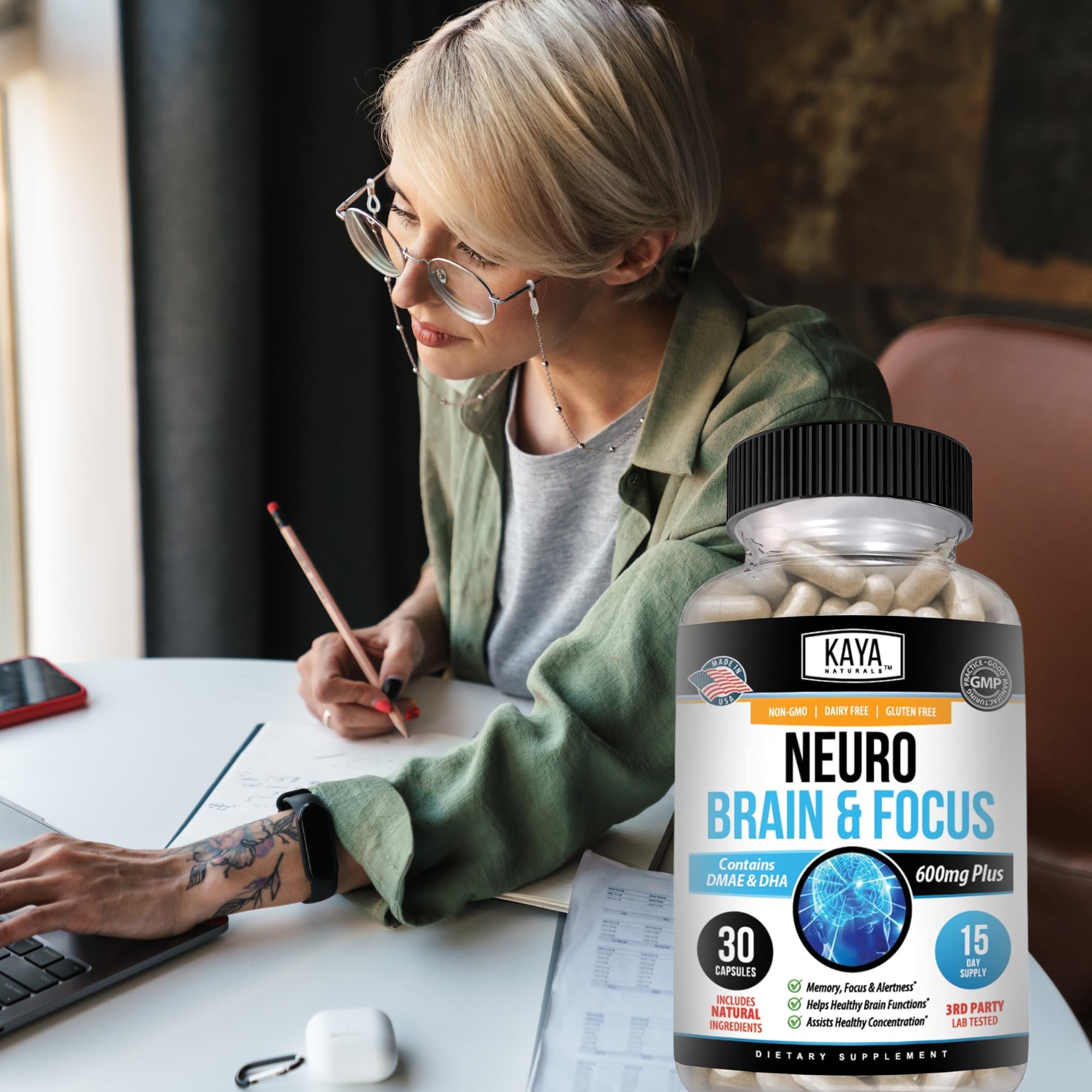 Kaya Naturals Neuro Brain bottle with glass conveys mindful use at work