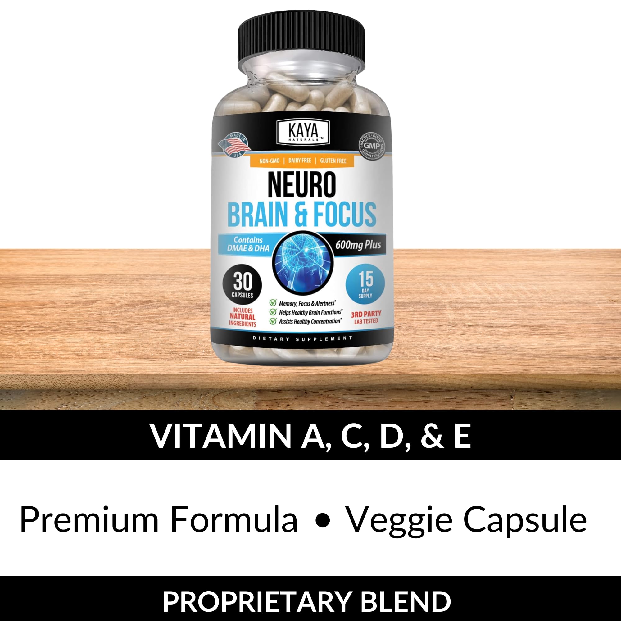 Kaya Naturals Neuro Brain label back lists ingredients and usage ideas
