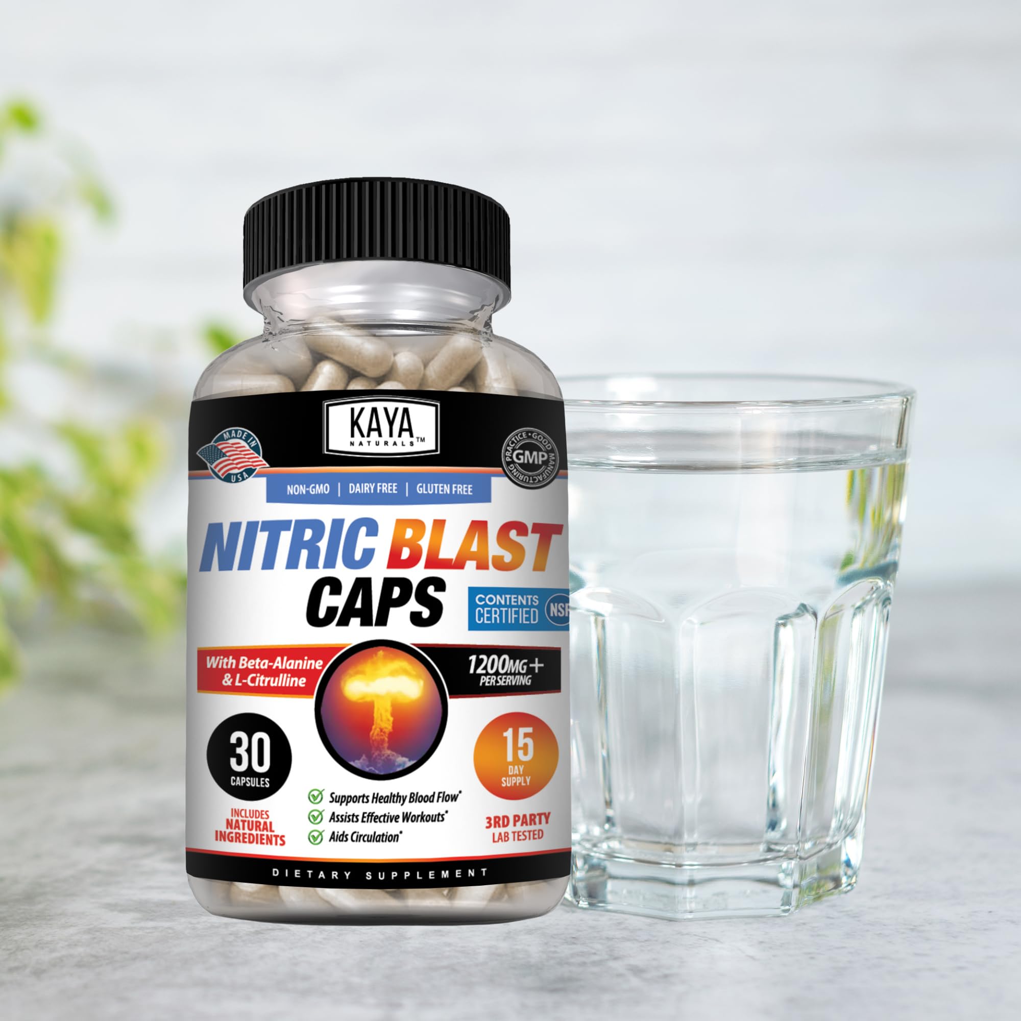Ingredients close-up focusing on L-Arginine in Kaya Naturals Nitric Blast