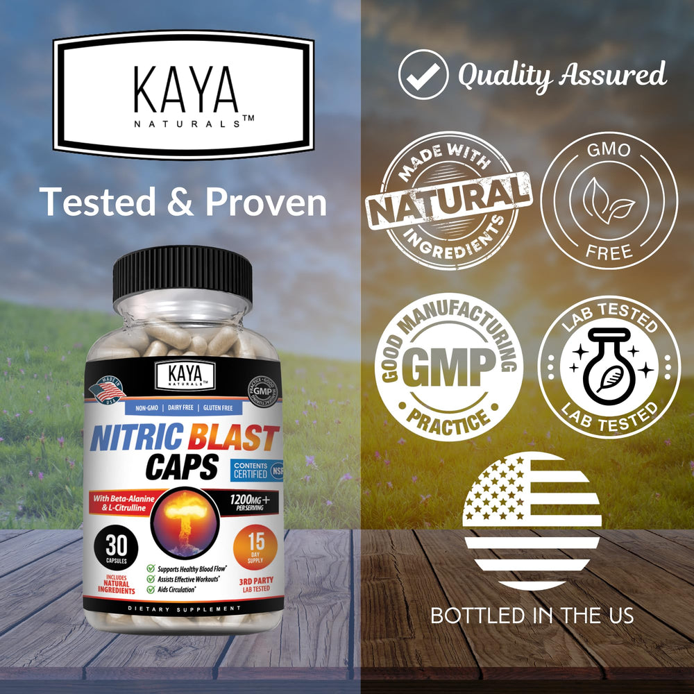 Kaya Naturals Nitric Blast bottle displayed with USA-made cue