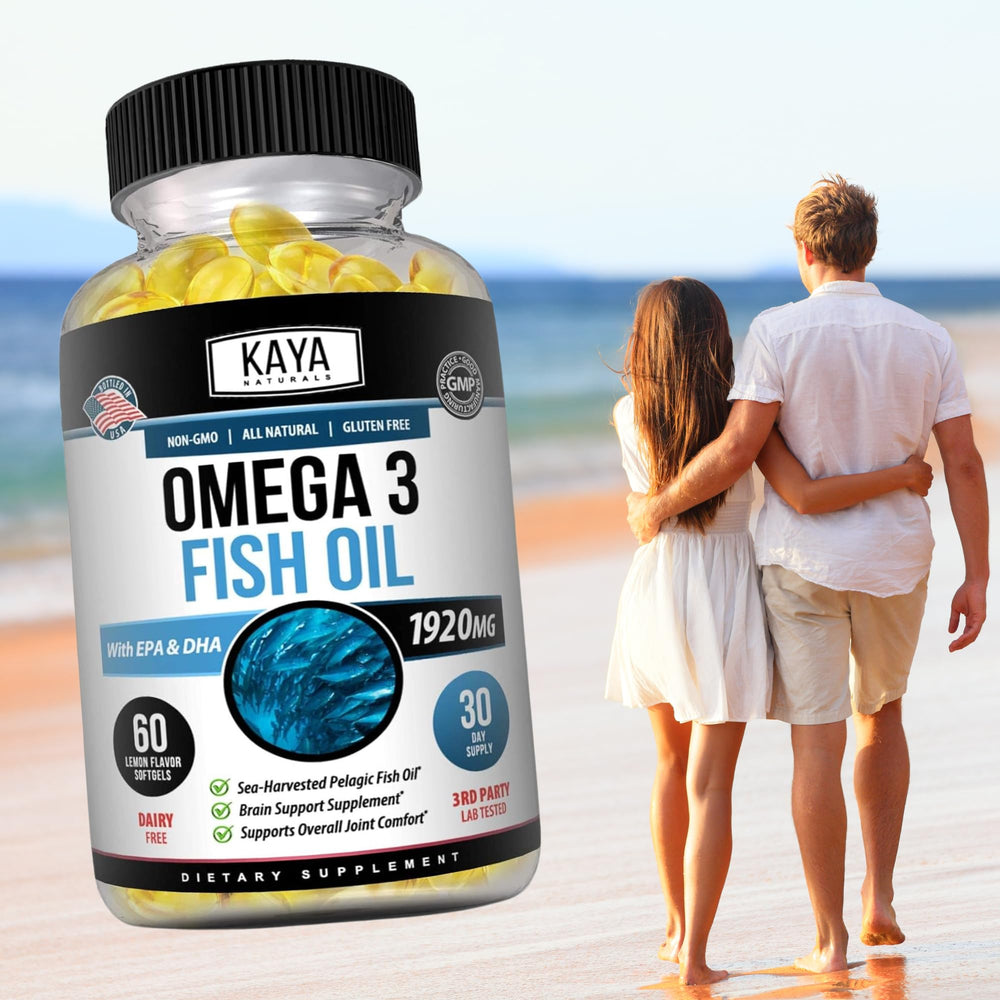 Kaya Naturals omega-3 softgels with no fishy aftertaste on label.