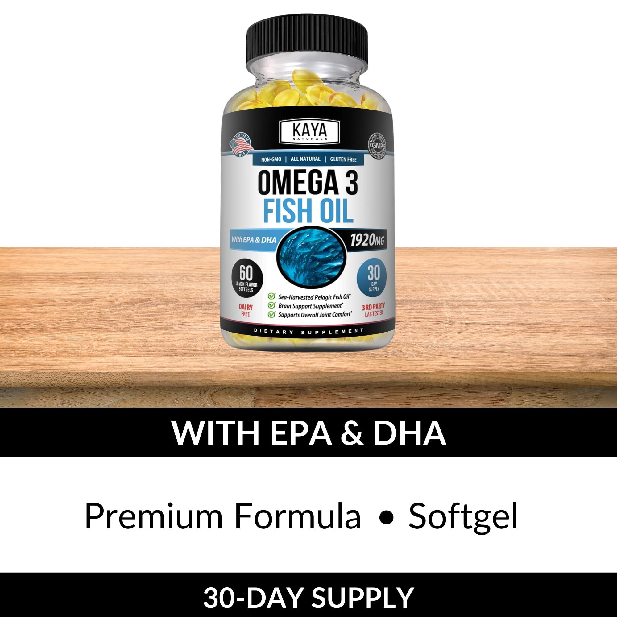 Kaya Naturals Omega-3 bottle side view highlighting clean ingredients.