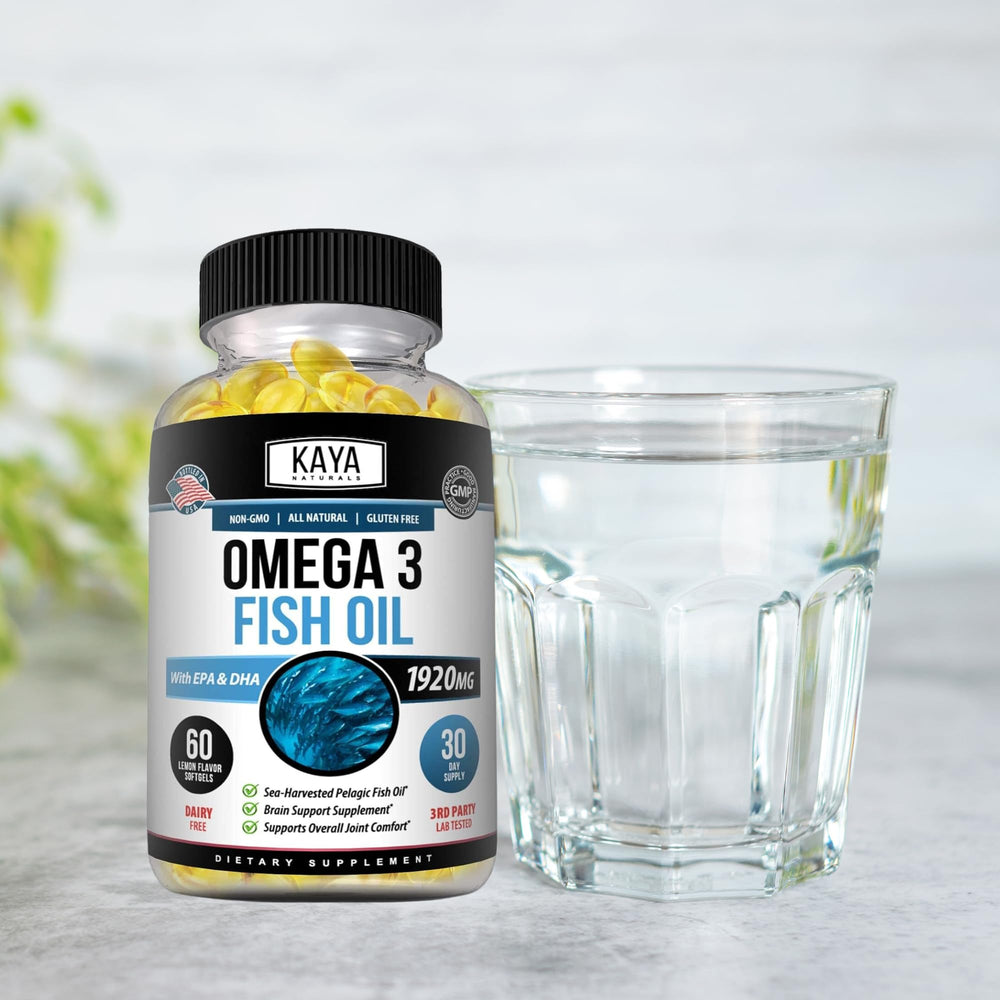 Kaya Naturals Omega-3 softgel closeup shows smooth easy-to-swallow capsules.