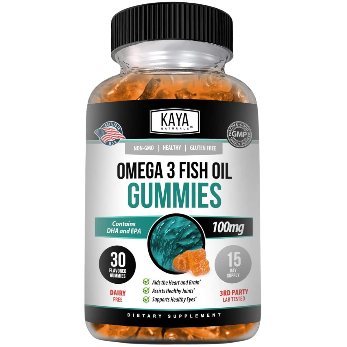 Kaya Naturals Omega-3 gummies bottle for convenient daily supplement.