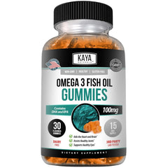 Kaya Naturals Omega-3 gummies bottle for convenient daily supplement.