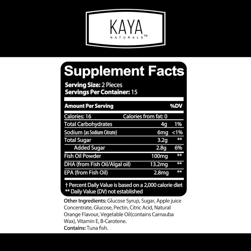 Close-up of Kaya Naturals Omega-3 gummies showing easy-to-take texture.