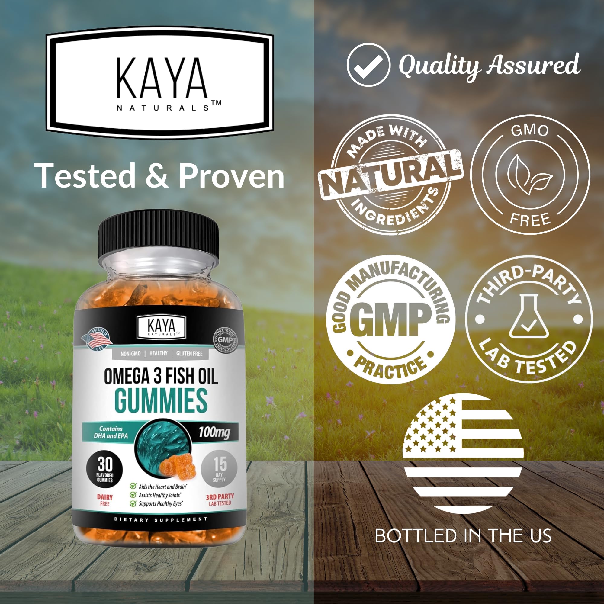 Kaya Naturals Omega-3 gummies Non-GMO badge visible.