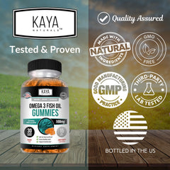 Kaya Naturals Omega-3 gummies Non-GMO badge visible.
