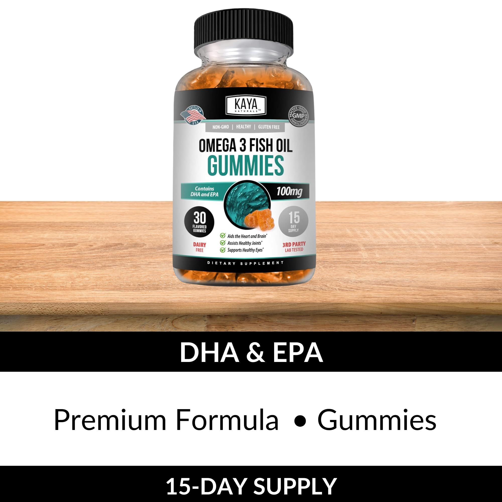 Kaya Naturals Omega-3 gummies packaging displays natural ingredients.