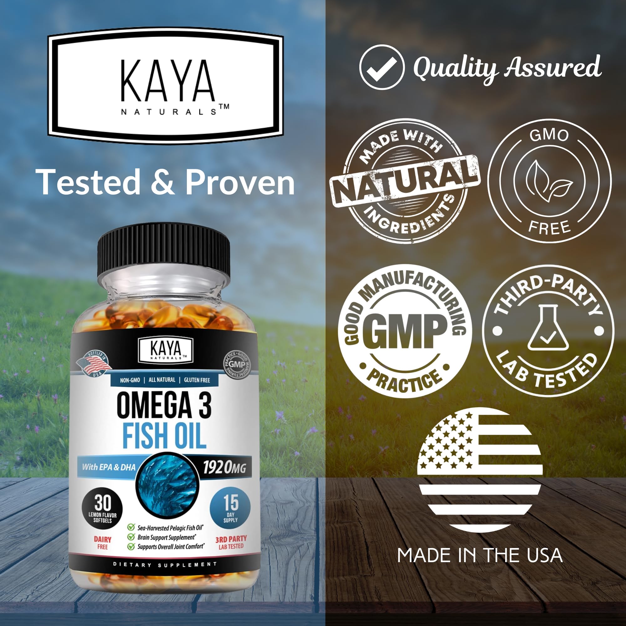 Kaya Naturals Omega-3 packaging emphasizes 30-count convenience for daily use