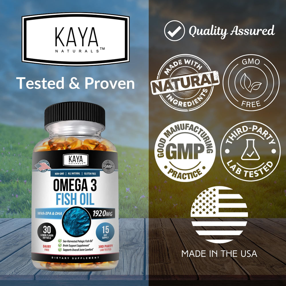 Kaya Naturals Omega-3 packaging emphasizes 30-count convenience for daily use