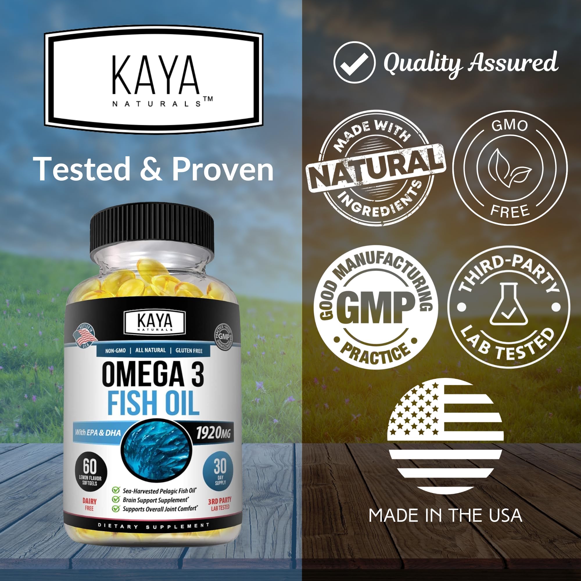 Kaya Naturals Omega-3 bottle front showcasing 60-count packaging.