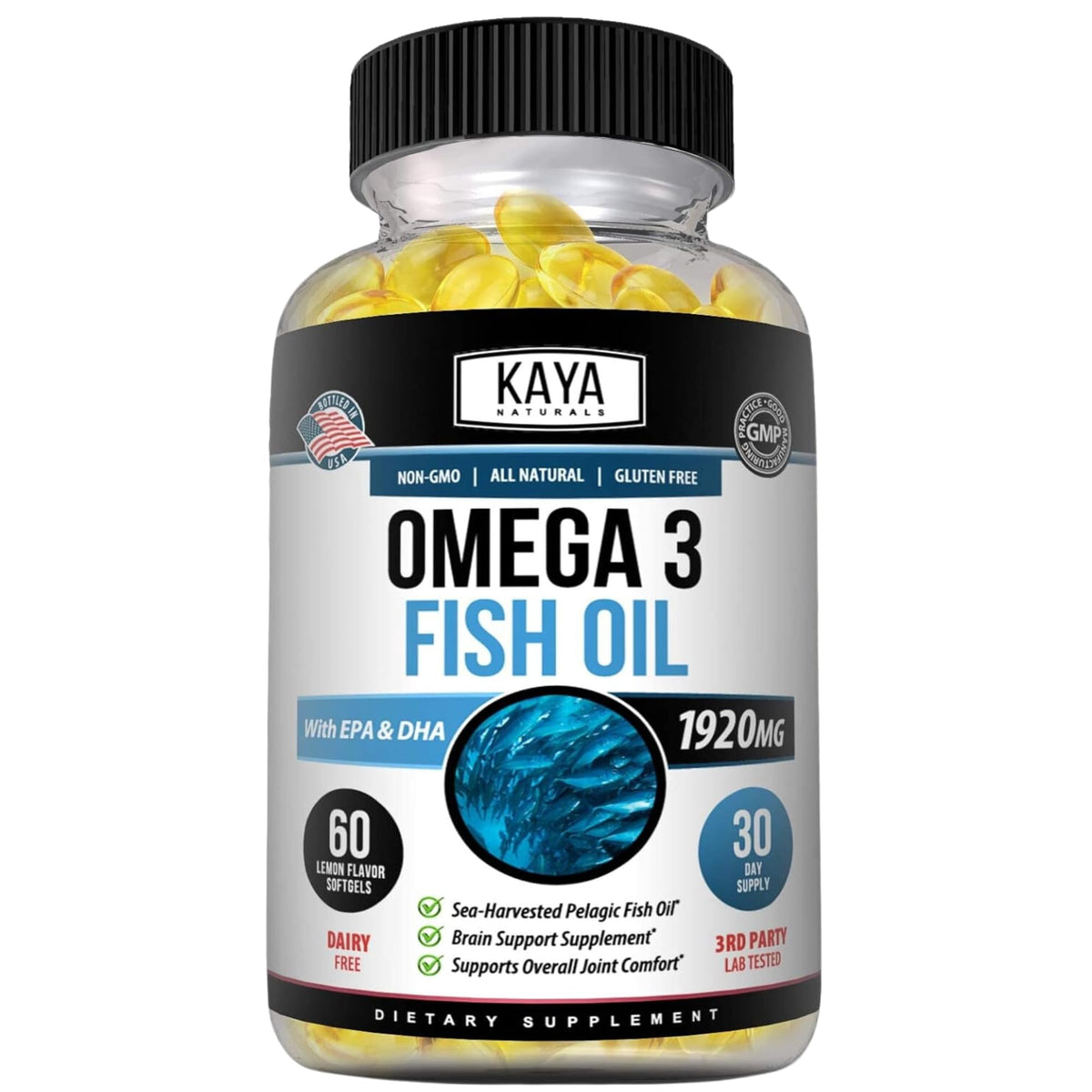 Kaya Naturals Omega-3 softgel bottle for daily heart and brain support.