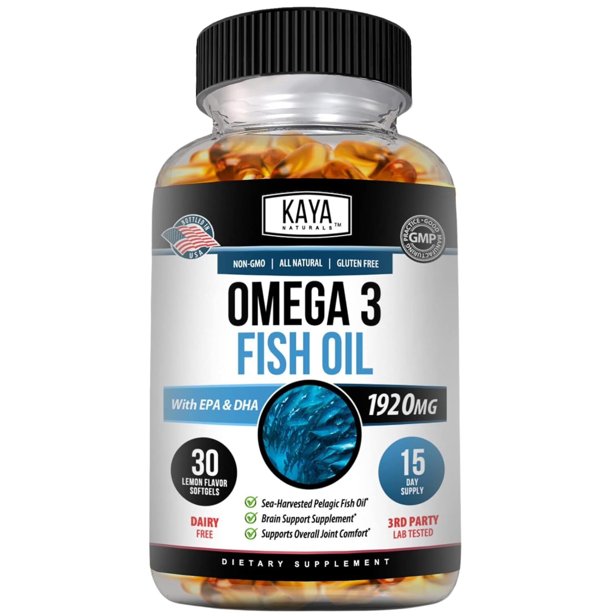 Kaya Naturals Omega-3 softgel bottle shows pure sea-harvested oil for potential heart support