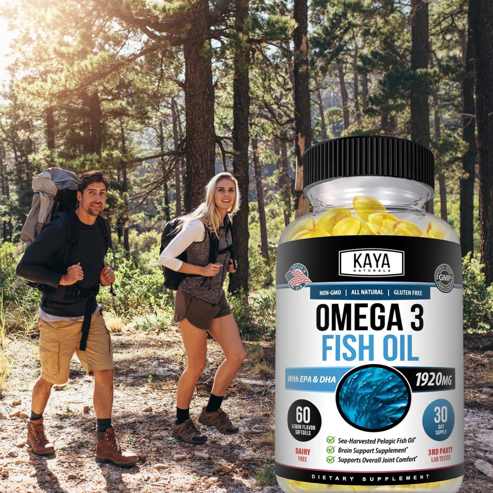 Kaya Naturals 60-count omega-3 bottles ready for daily wellness routine.