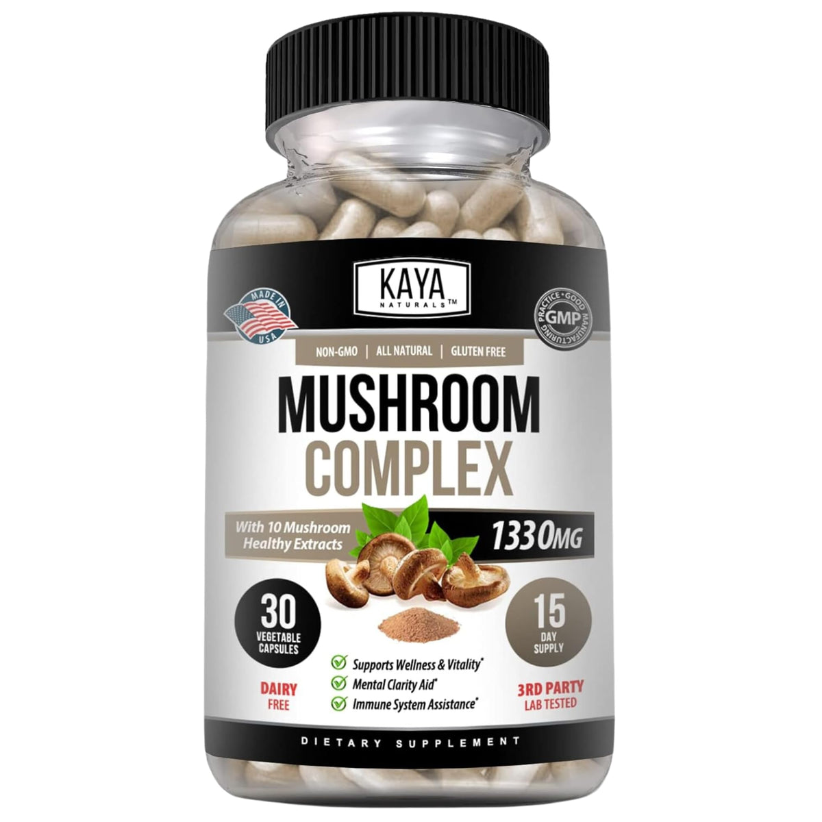 Kaya Naturals Premium Mushroom Complex bottle on table for daily vitality