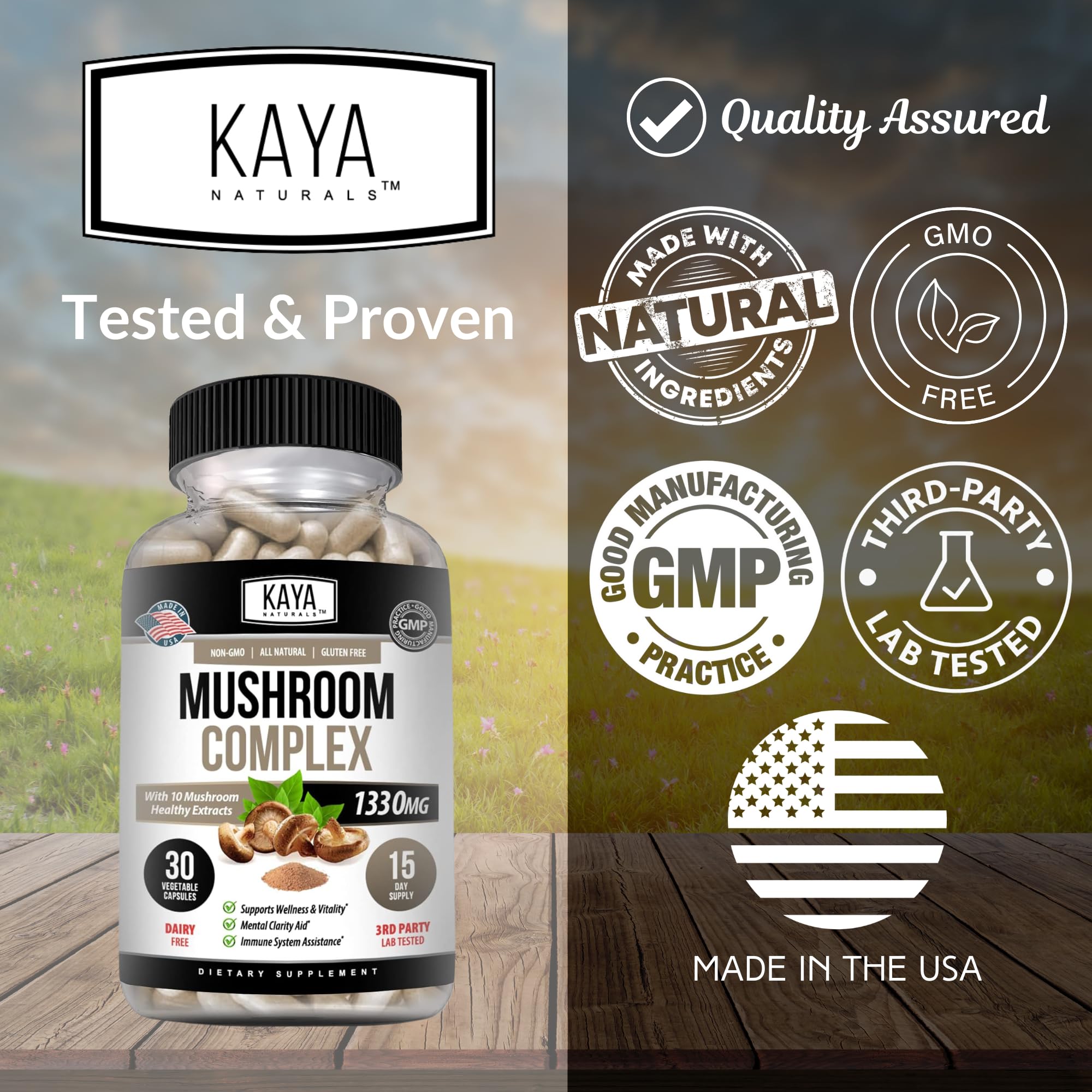 Kaya Naturals mushroom variety image shows ten potent fungi