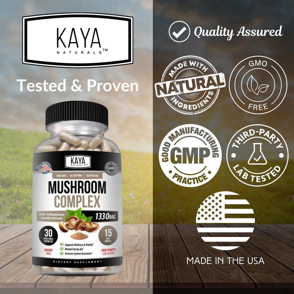 Kaya Naturals mushroom variety image shows ten potent fungi