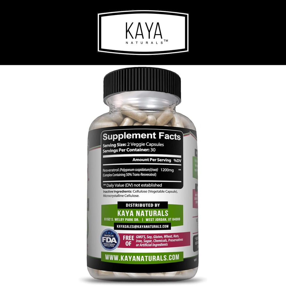 Kaya Naturals Resveratrol bottle front label promoting antioxidant support for daily use