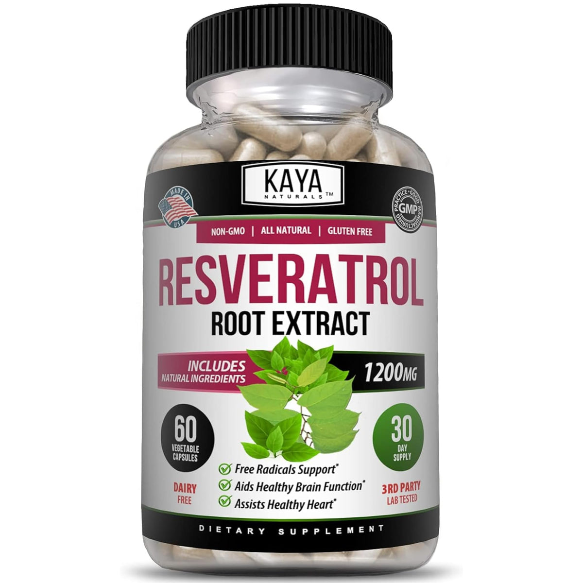 Kaya Naturals Resveratrol pack-shot showing antioxidant capsules for daily wellness
