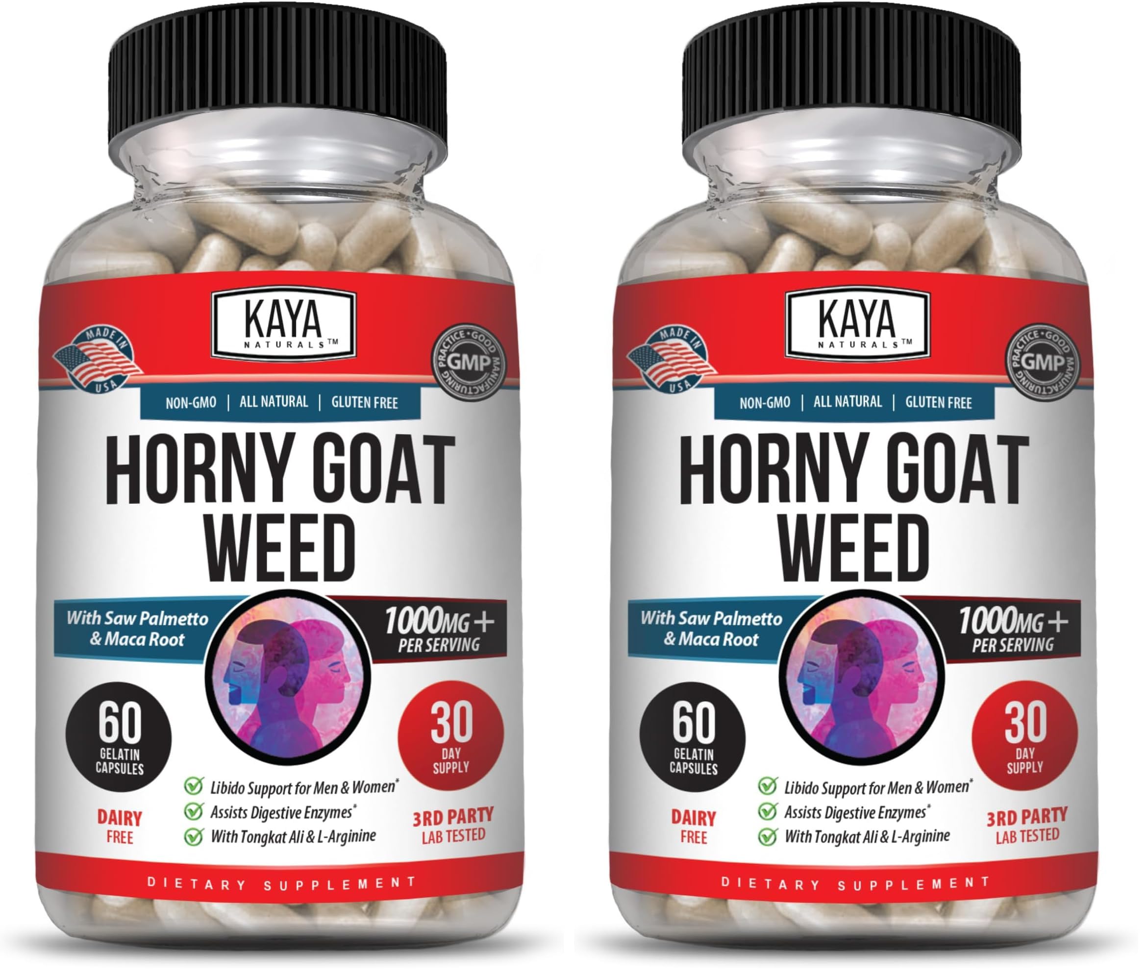 Kaya Naturals Horny Goat Weed bottle shows premium herbal blend for daily vitality.