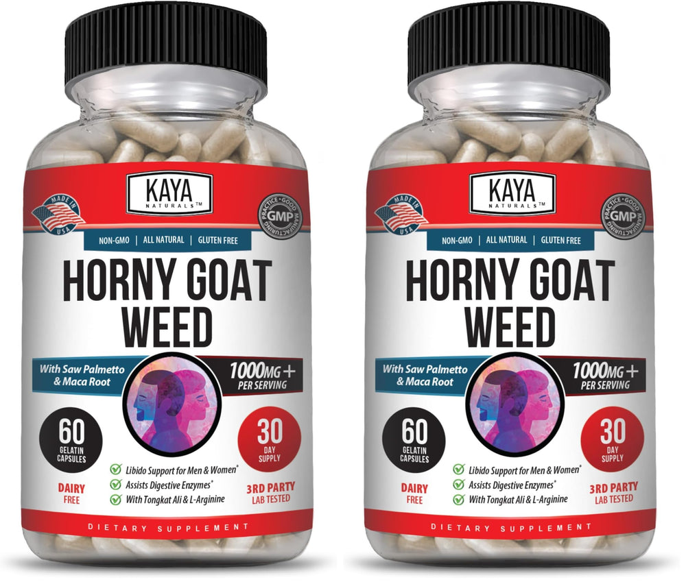Kaya Naturals Horny Goat Weed bottle shows premium herbal blend for daily vitality.
