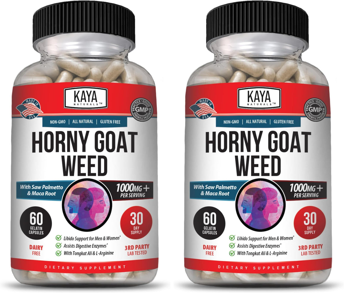 Kaya Naturals Horny Goat Weed bottle shows premium herbal blend for daily vitality.