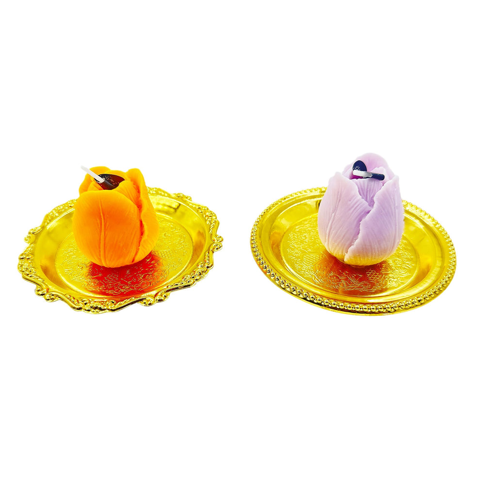 KCVC tulip candle on tray scene evokes romantic dinner.