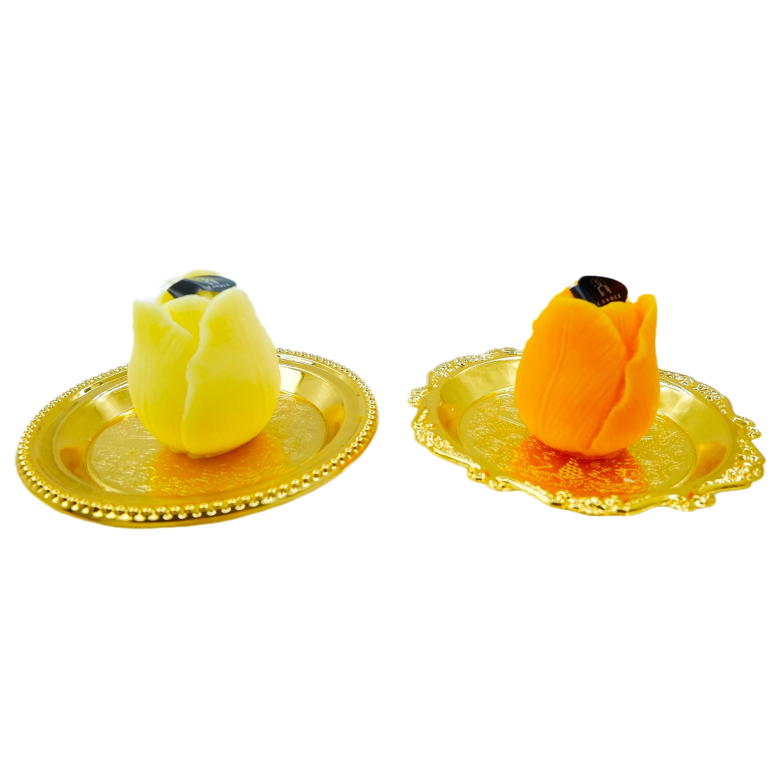 KCVC tulip candle orange on tray adds vibrant warmth.
