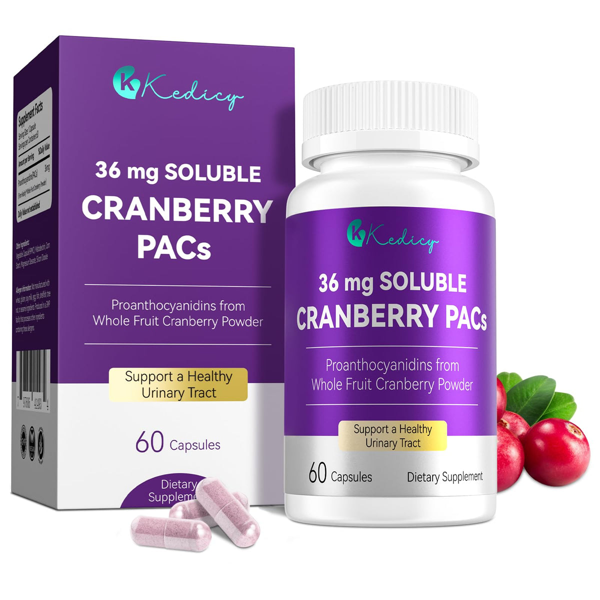 Kedicy Cranberry Pills main pack shows a 60-count bottle for daily urinary tract health