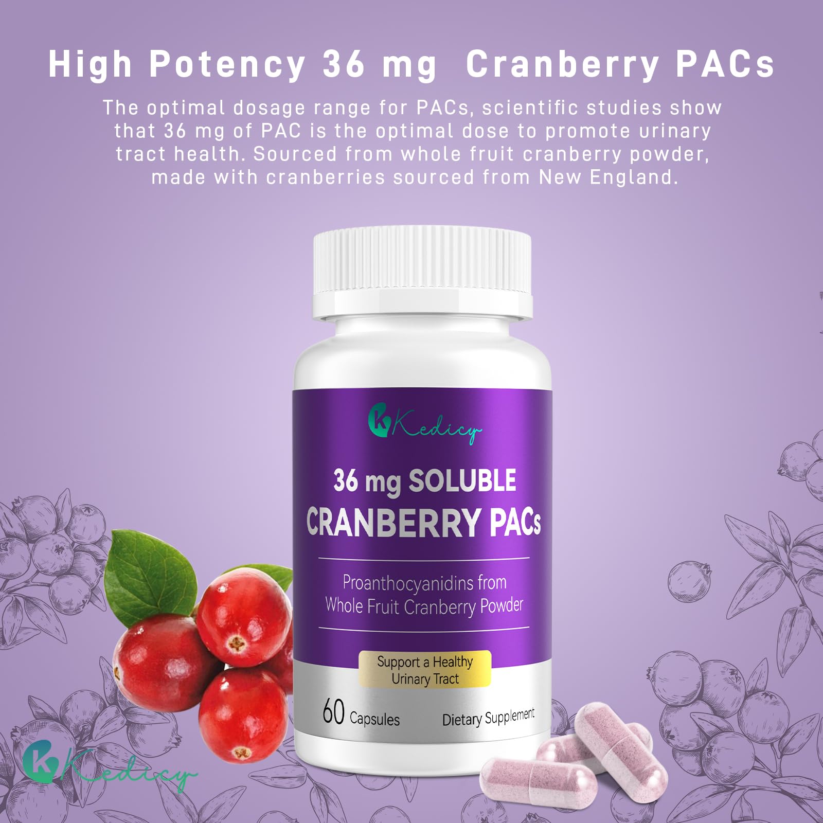 Kedicy Cranberry Pills whole-fruit powder visual highlights fiber and antioxidants