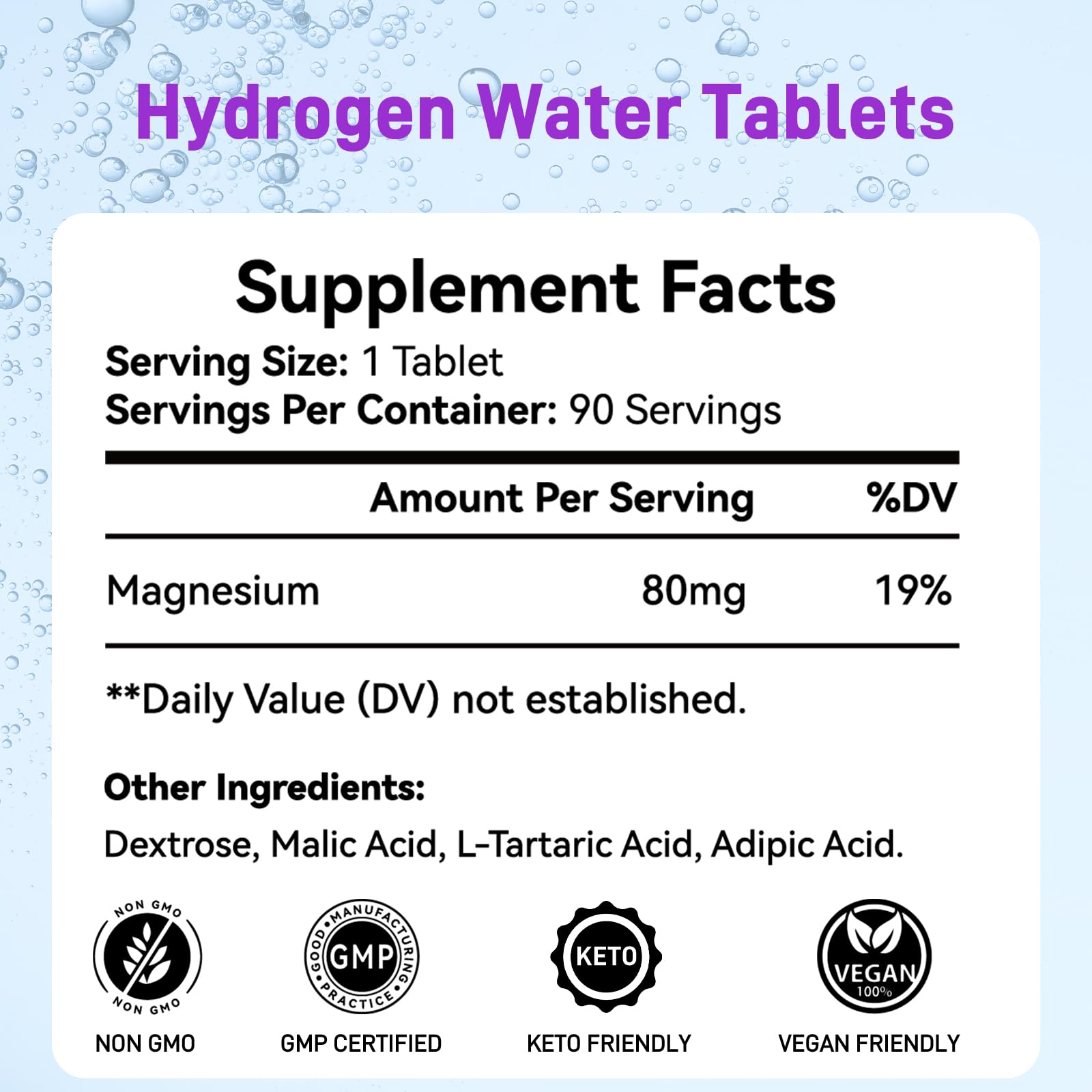 Kedicy hydrogen tablets bottle front view for convenient 90-count hydration.
